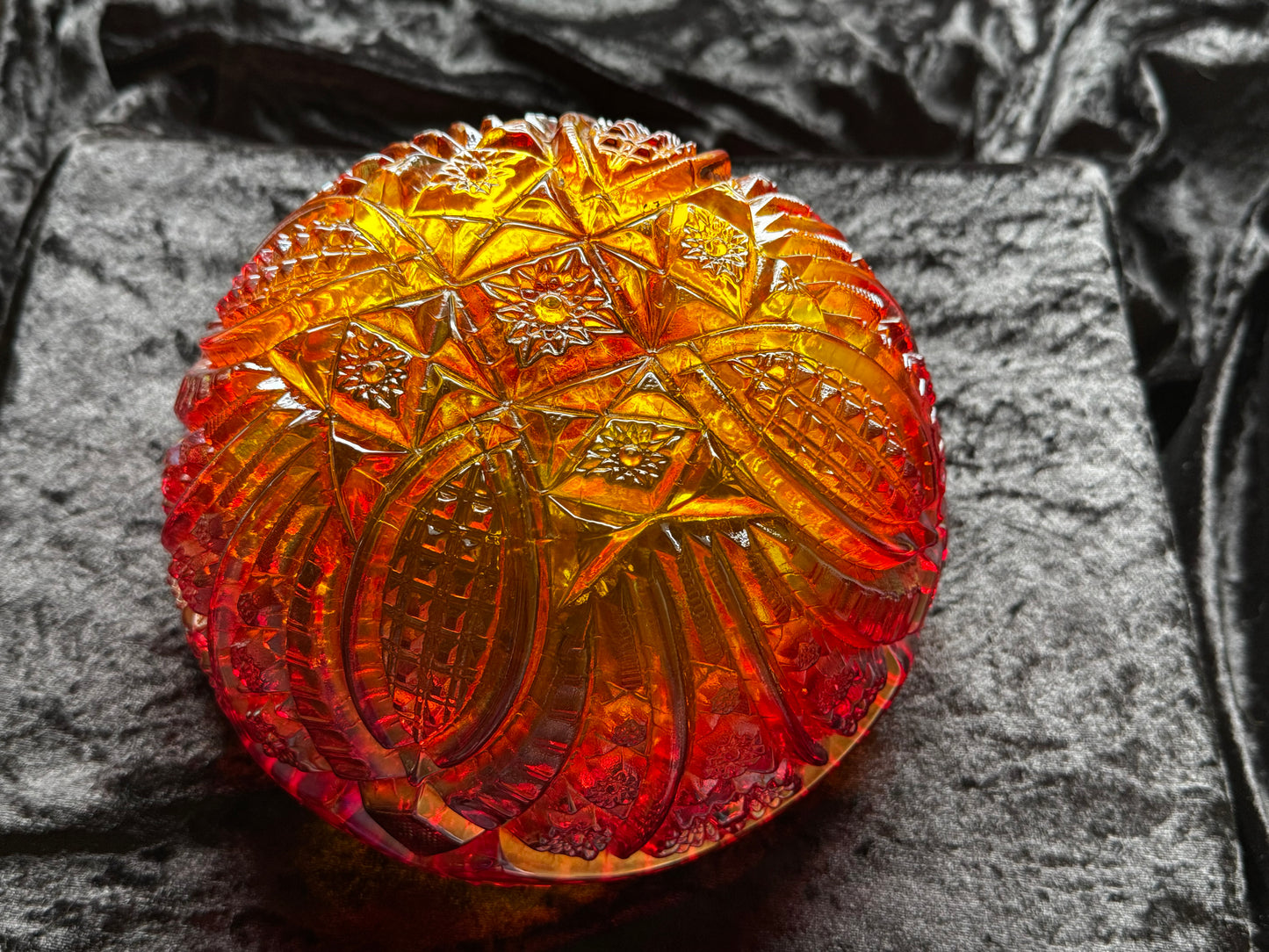 Vintage Amberina Flame Heritage Valtec Carnival Glass Bowl Iridescent Orange