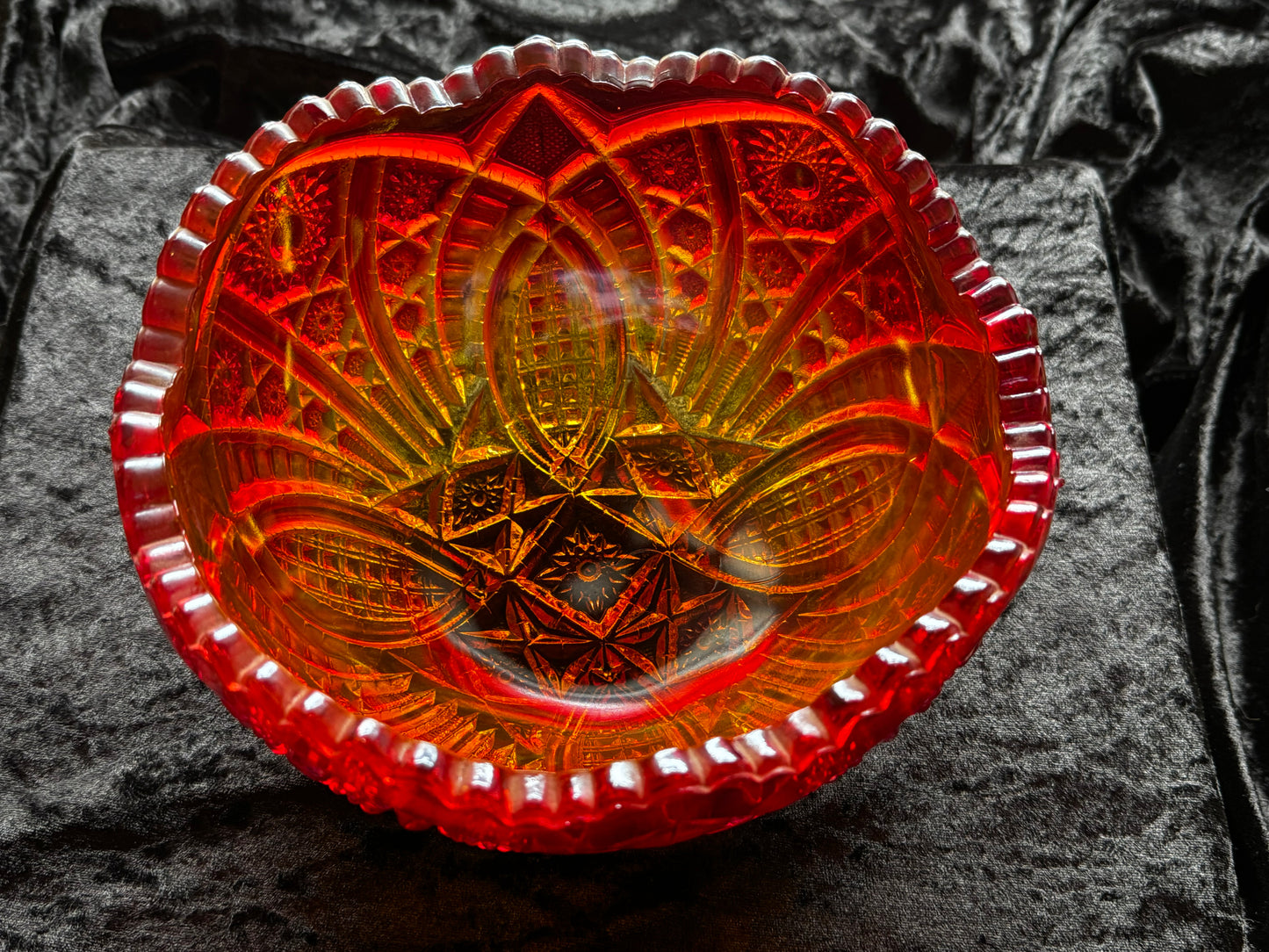 Vintage Amberina Flame Heritage Valtec Carnival Glass Bowl Iridescent Orange
